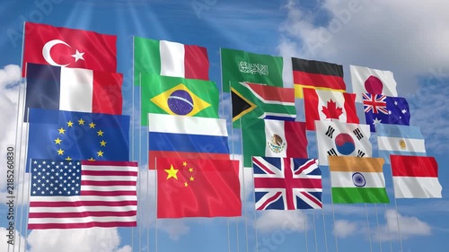 G-20 Countries Flags on Blue Sky Background