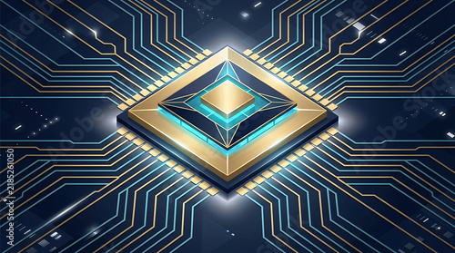 Obraz na płótnie Gold Quantum CPU Microchip on Glowing Circuit Board
