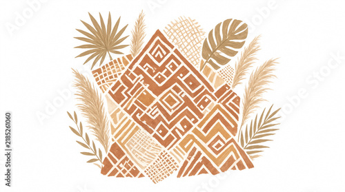 Boho Abstract Geometric Pattern with Tropical Leaves and Pampas Grass