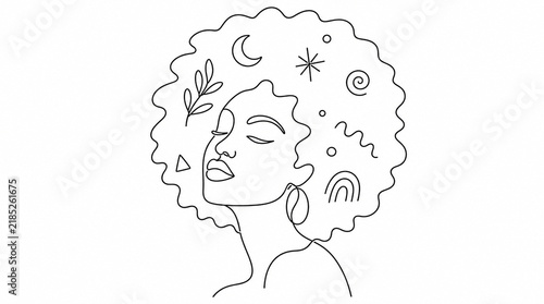 Line Art Portrait of a Woman with Afro Hair and Celestial S — 77fb22e6