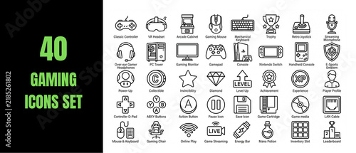 Set of 40 gaming icons linear vector symbols for video games and esports interface