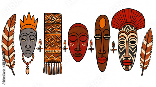 Set of Traditional Tribal Masks and Feathers