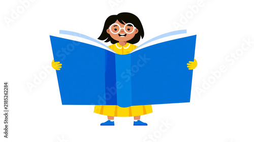 Cuadro en lienzo Isolated smiling young girl with glasses happily engrossed in reading a large op