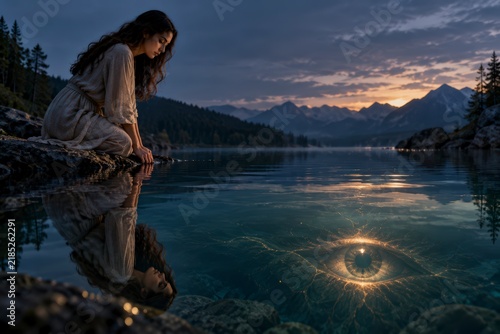 Woman in contemplative meditation beside a mountain lake, symbolizing third eye awakening, intuition, spiritual awareness, inner vision, and consciousness.