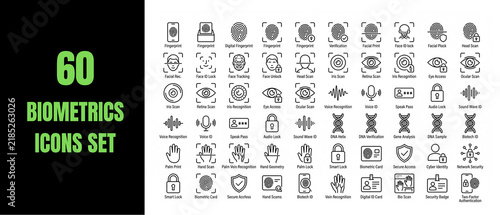 Set of 60 biometrics icons digital security and identity verification line symbols