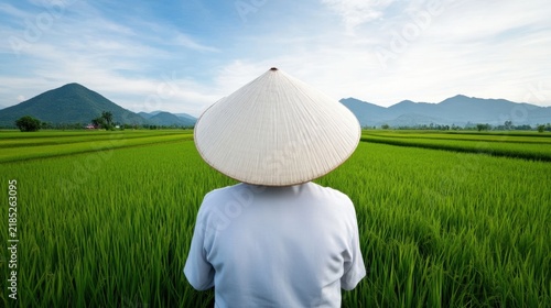 Exploring Tranquil Rice Fields: A Person in Traditional Attire Amidst Lush Green Landscapes