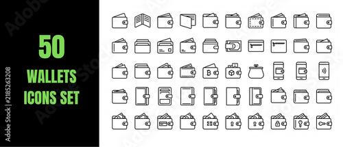 Set of 50 wallet icons collection of thin line money pouch symbols for finance apps