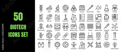 Biotechnology icons set fifty linear science symbols for laboratory and research use