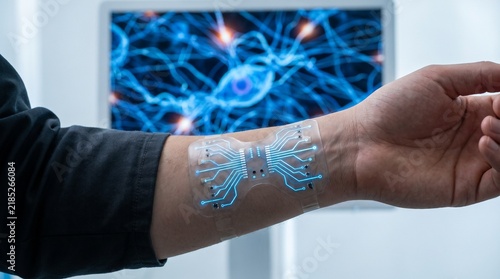 Obraz na płótnie Smart electronic skin patch on human wrist with digital neural network interface display