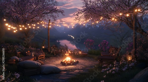 Cozy backyard fire pit with chairs and warm lighting at dusk