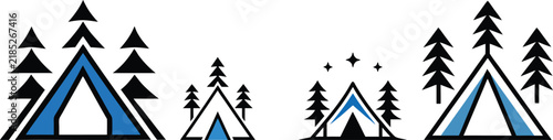 Minimalist camping tent icons, forest adventure vector set, blue outdoor recreation symbols