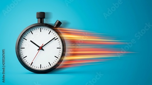 Time efficiency concept featuring a clock with colorful motion streaks on a bright blue background.