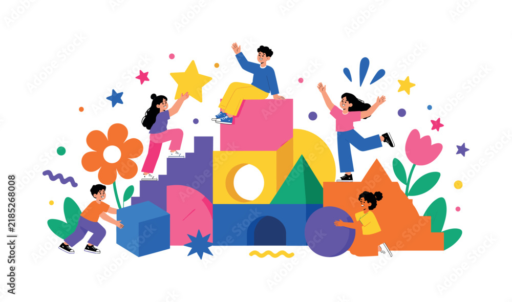 Fototapeta premium Children playing and building with colorful geometric shapes and blocks
