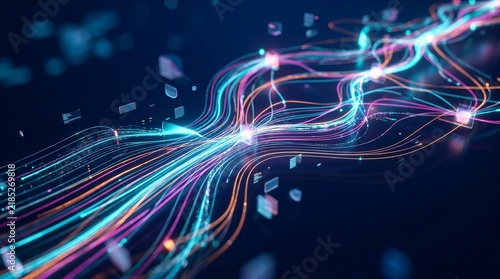 Futuristic innovation concept featuring big data technology and neural network flow.