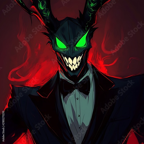 Dark fantasy of a masked, winged figure with glowing green eyes