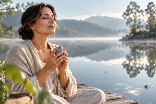 Woman sitting peacefully beside a mountain lake with closed eyes, practicing mindfulness and gratitude amid calm water, trees, and natural scenery.