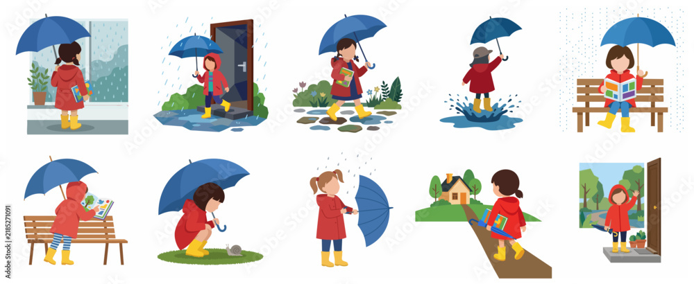 Fototapeta premium Set of flat vector illustrations of a little girl in a red raincoat and yellow boots enjoying rainy day activities with a blue umbrella.