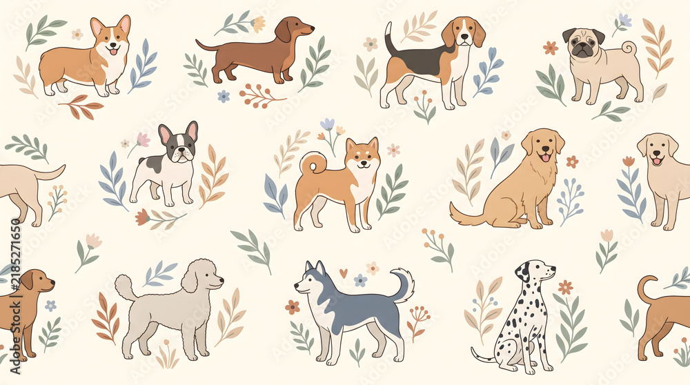 Obraz premium Botanical floral puppy seamless pattern, aesthetic 2D dog background with cozy dog breeds and leaves foliage illustration