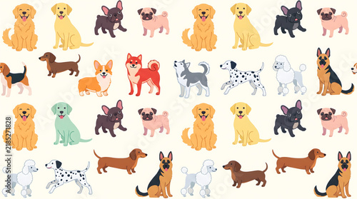Adorable cartoon puppy breeds seamless vector pattern, colorful 2D dog background with cute dog characters for kids fabric and wallpaper