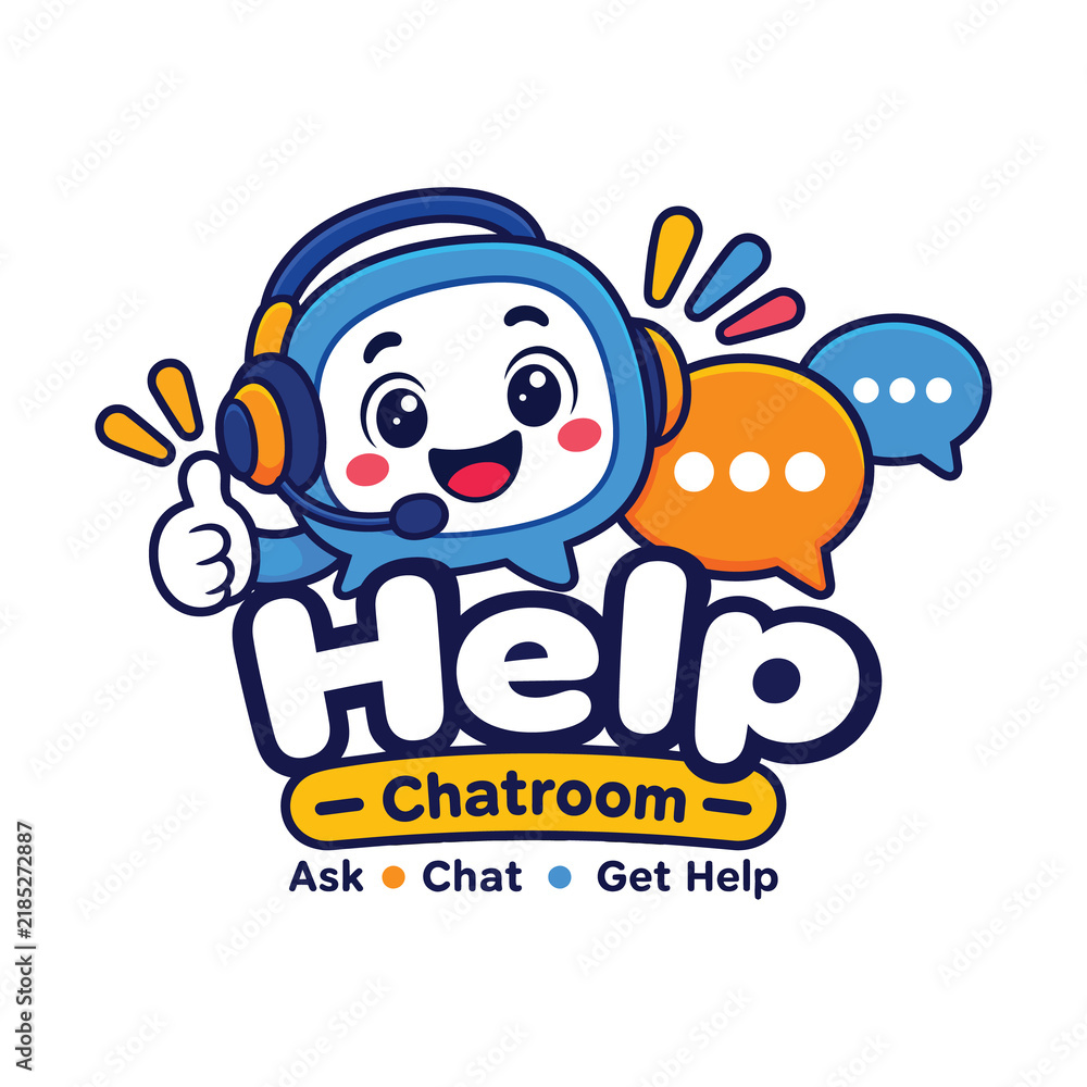 Fototapeta premium Cute help chatroom mascot vector design, friendly customer service character and chat bubbles
