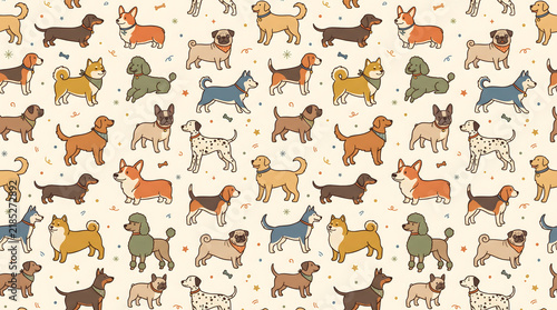 Mini cute dog breeds seamless pattern, pastel 2D dog background with funny cartoon puppies for baby textiles, stationery, and scrapbooking