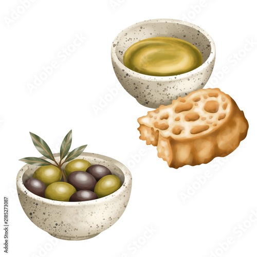 Olive oil, rustic bread and olives in ceramic bowls, Mediterranean food illustration