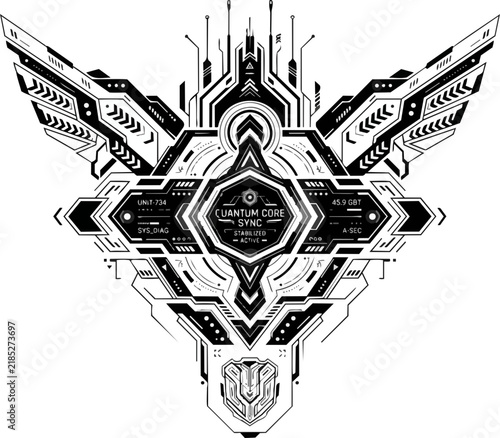 Futuristic cyberpunk HUD interface vector, quantum core sync tech decal, black and white sci-fi mechanical emblem for gaming and UI design