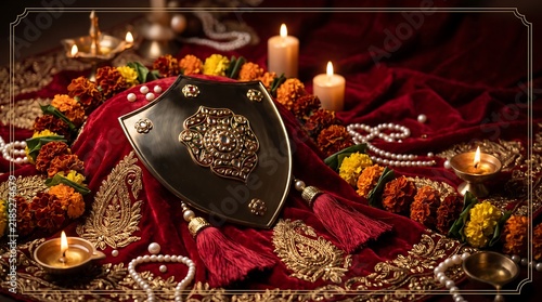Ornamental shield resting on red velvet for Dussehra festival celebration