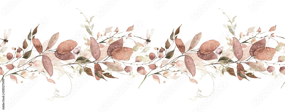Obraz premium Watercolor painted foliage floral seamless border. Orange and pink autumn wild flowers, branches, leaves, sprigs and twigs garland. Fall nature hand drawn design clipart. The aesthetics of fading.