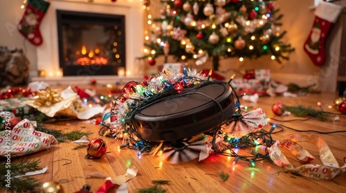 Robot vacuum cleaner tangled in Christmas lights on messy floor room