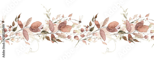 Watercolor painted foliage floral seamless border. Orange and pink autumn wild flowers, branches, leaves, sprigs and twigs garland. Fall nature hand drawn design clipart. The aesthetics of fading.