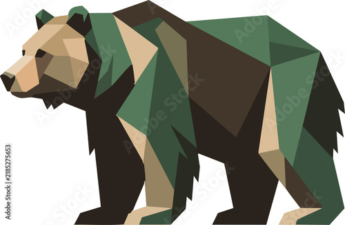 Geometric grizzly bear vector illustration. Low poly brown bear mascot. Modern polygonal forest animal graphic for outdoor branding.