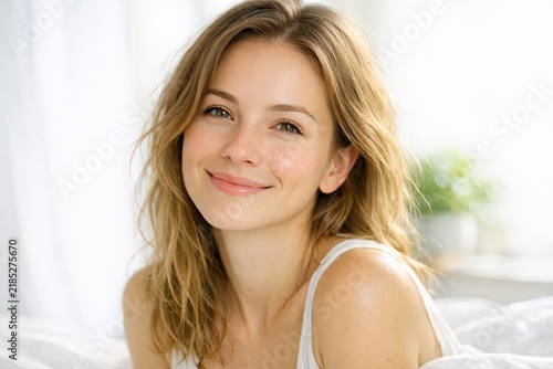 A beautiful young woman lying on a bed with white sheets, perfect for editorial or commercial use