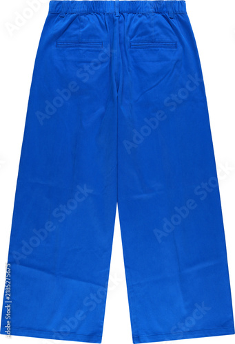 Fotografie Bright blue casual trousers with elastic waistband and back pockets isolated on
