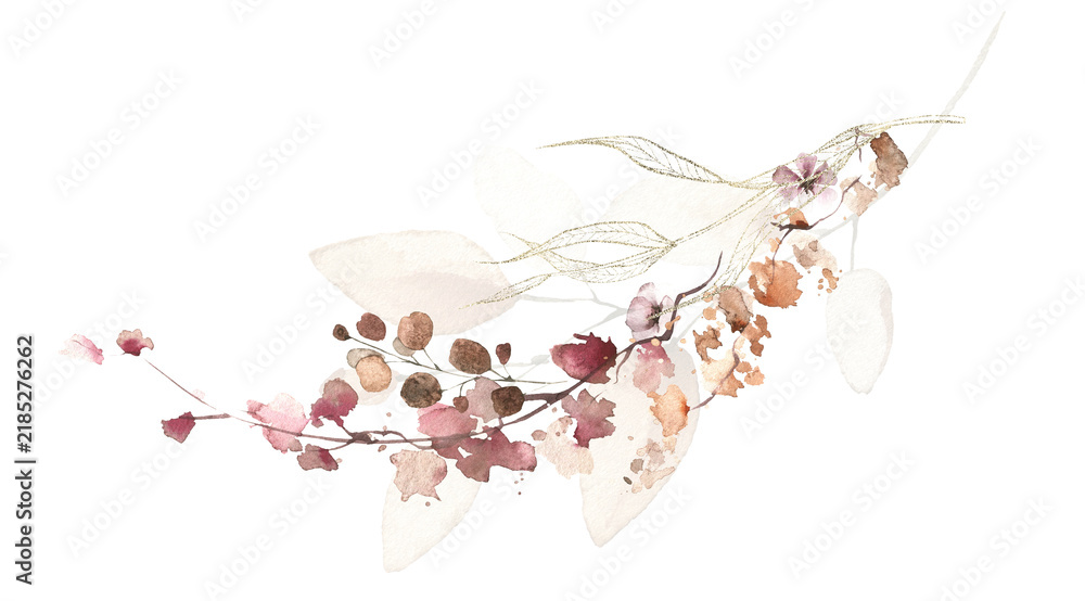 Obraz premium Watercolor floral fall arrangement frame. Red, burgundy, brown, pink autumn wild flowers, eucalyptus branches, leaves and twigs. Hand painted isolated template design.