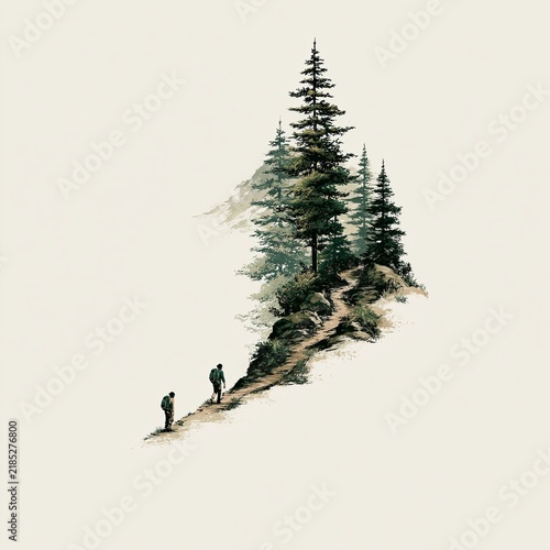 Hiker walking path to mountain peak. Solo hiker walking an uphill path surrounded by pine trees towards a towering mountain