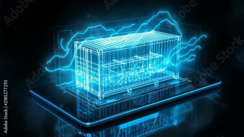 Glowing blue holographic server cabinet surrounded by electric arcs above a reflective tablet screen