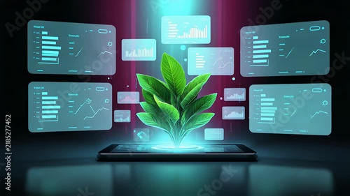 Green plant projected above a tablet between six glowing digital dashboard screens on a dark background