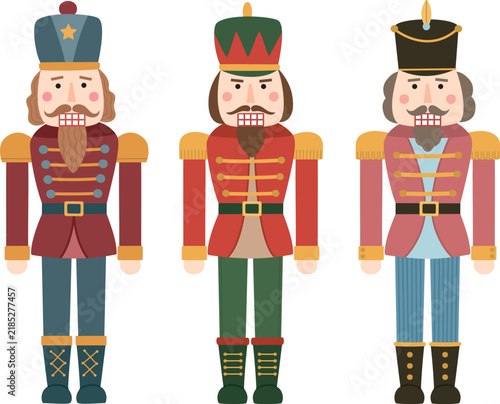 Collection of different traditional Christmas nutcracker soldiers with mustaches and beards isolated on white background.