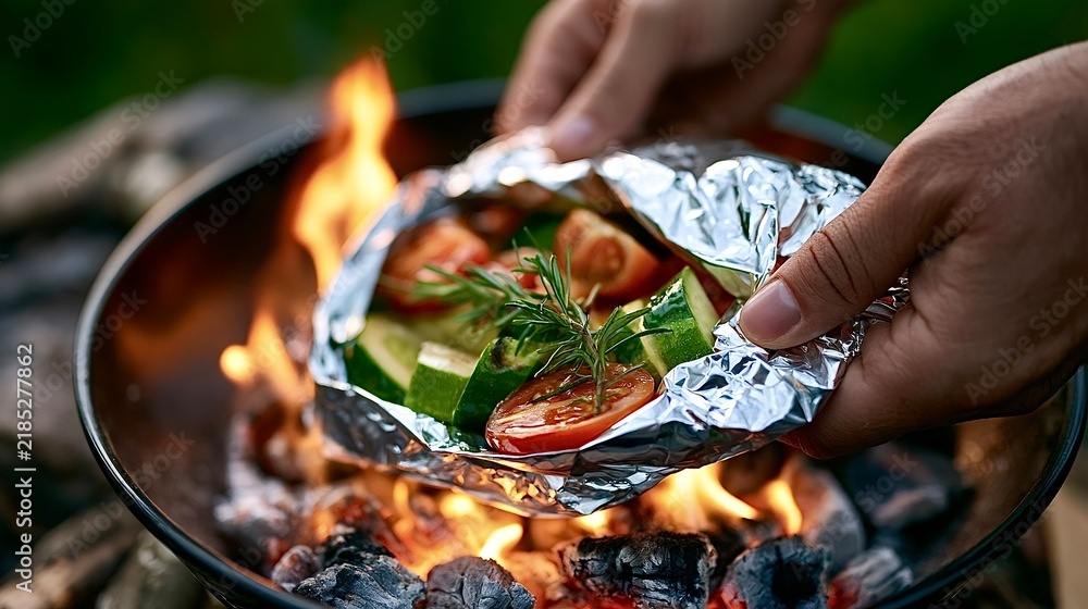 Obraz premium Person cooking vegetables in foil packet on grill fire