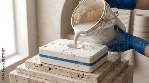 Liquid white clay pouring into plaster mold in ceramic studio workshop