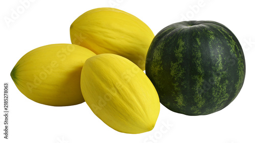 Bild auf Leinwand Isolated group of sweet yellow melons and a large ripe refreshing green watermel
