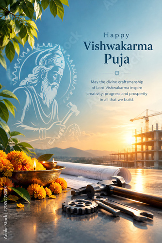 Vishwakarma puja celebration poster featuring divine craftsmanship of lord vishwakarma with engineering tools and marigold flowers at a construction site