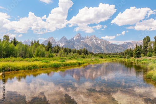 View of Teton Range from Schwabachers Landing in Grand Teton National Park. Wyoming