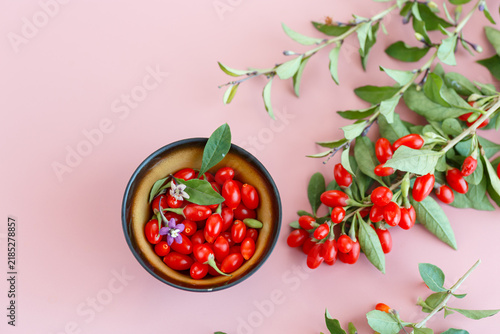 Foto Fresh goji berries in bowl on soft pink background