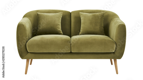 Canvastavla Isolated green velvet two-seater sofa with accent cushions and wooden legs, styl