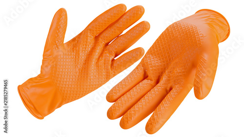 Obraz na plátně Isolated pair of orange rubber protective gloves with textured grip for househol