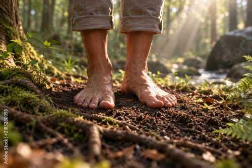 Bare feet walking along a mossy forest trail, surrounded by ferns, trees, warm sunlight, and peaceful natural wilderness.