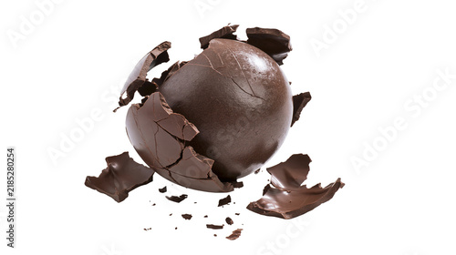 Foto Isolated shattering dark chocolate ball breaking apart with scattered flying fra