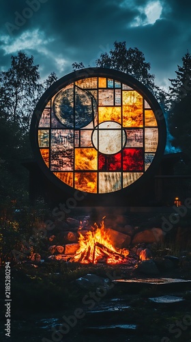 Fireworks display behind a stained glass clock tower silhouette